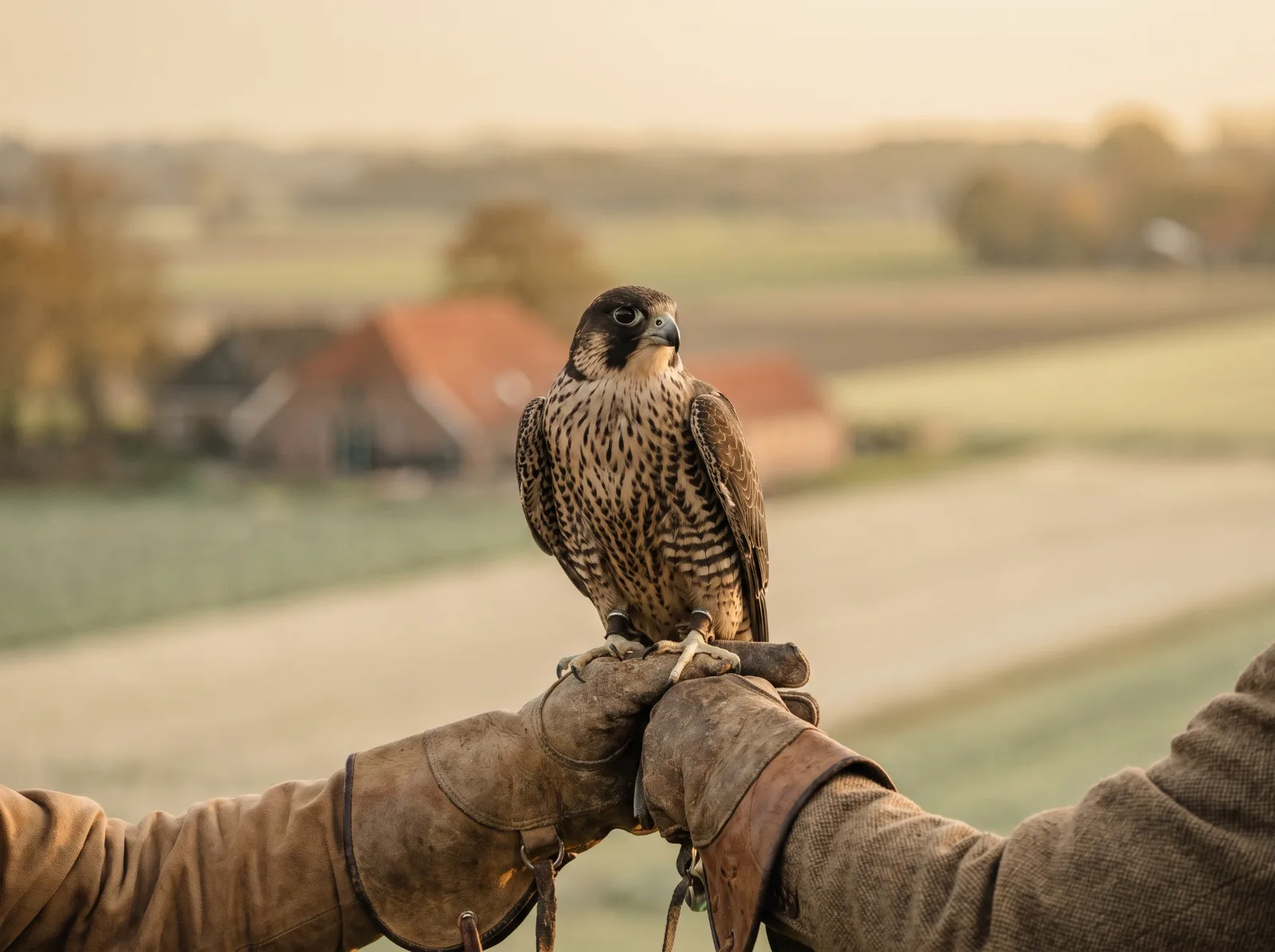 A peregrine falcon perched on a falconer's leather glove
