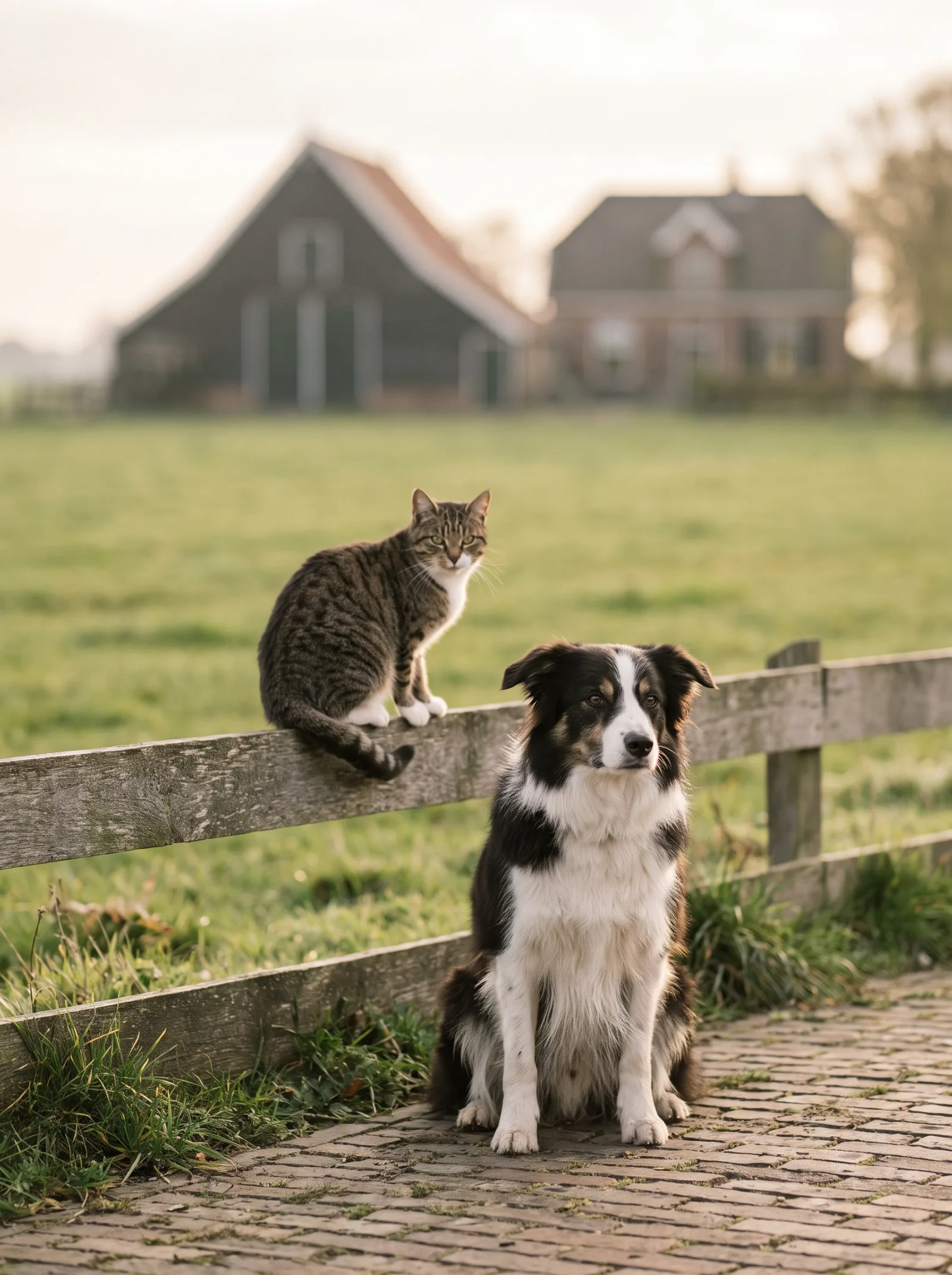 A golden retriever and a ginger cat resting together in warm window light