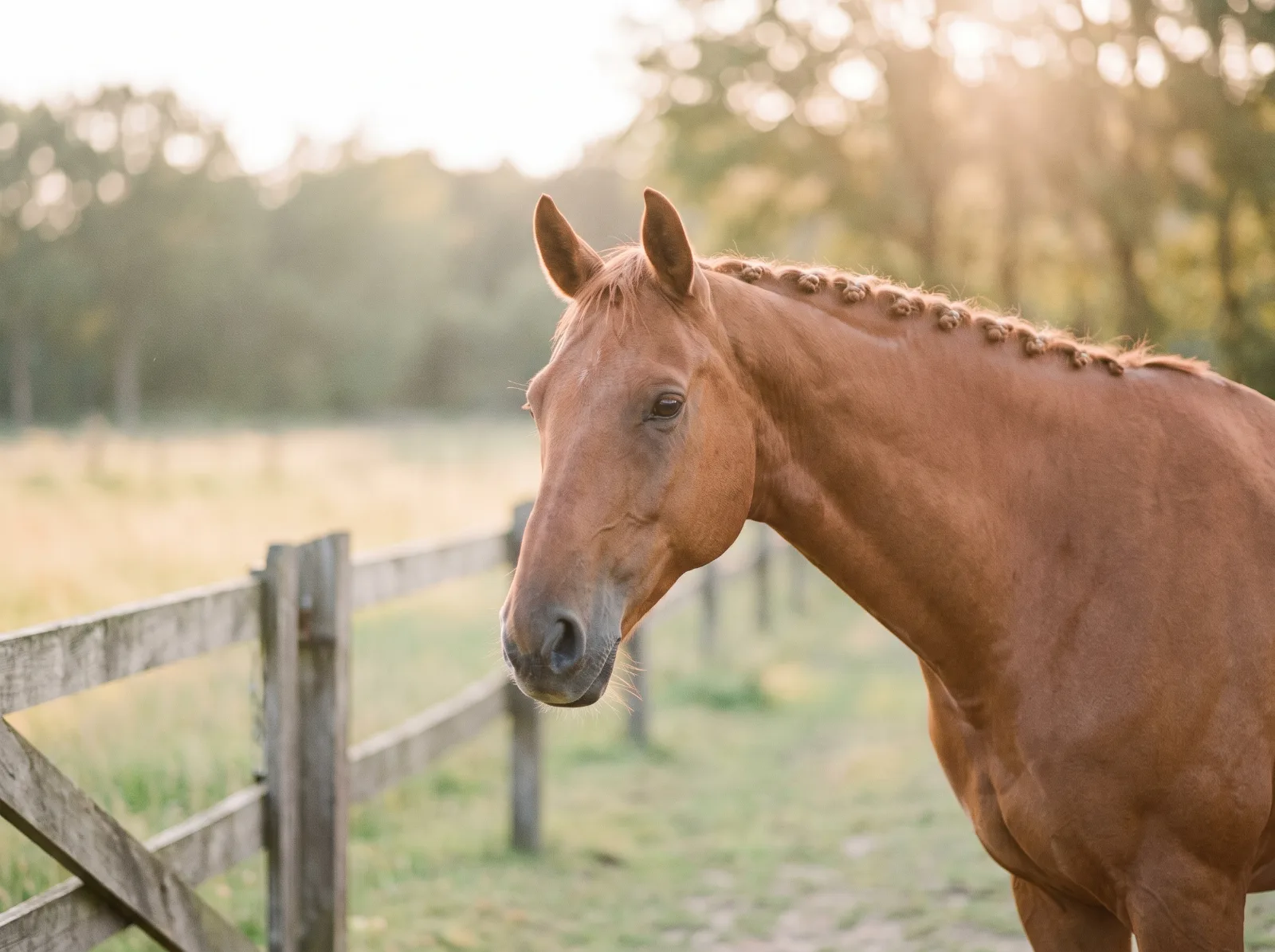 A chestnut horse standing calmly in a sunlit Dutch paddock