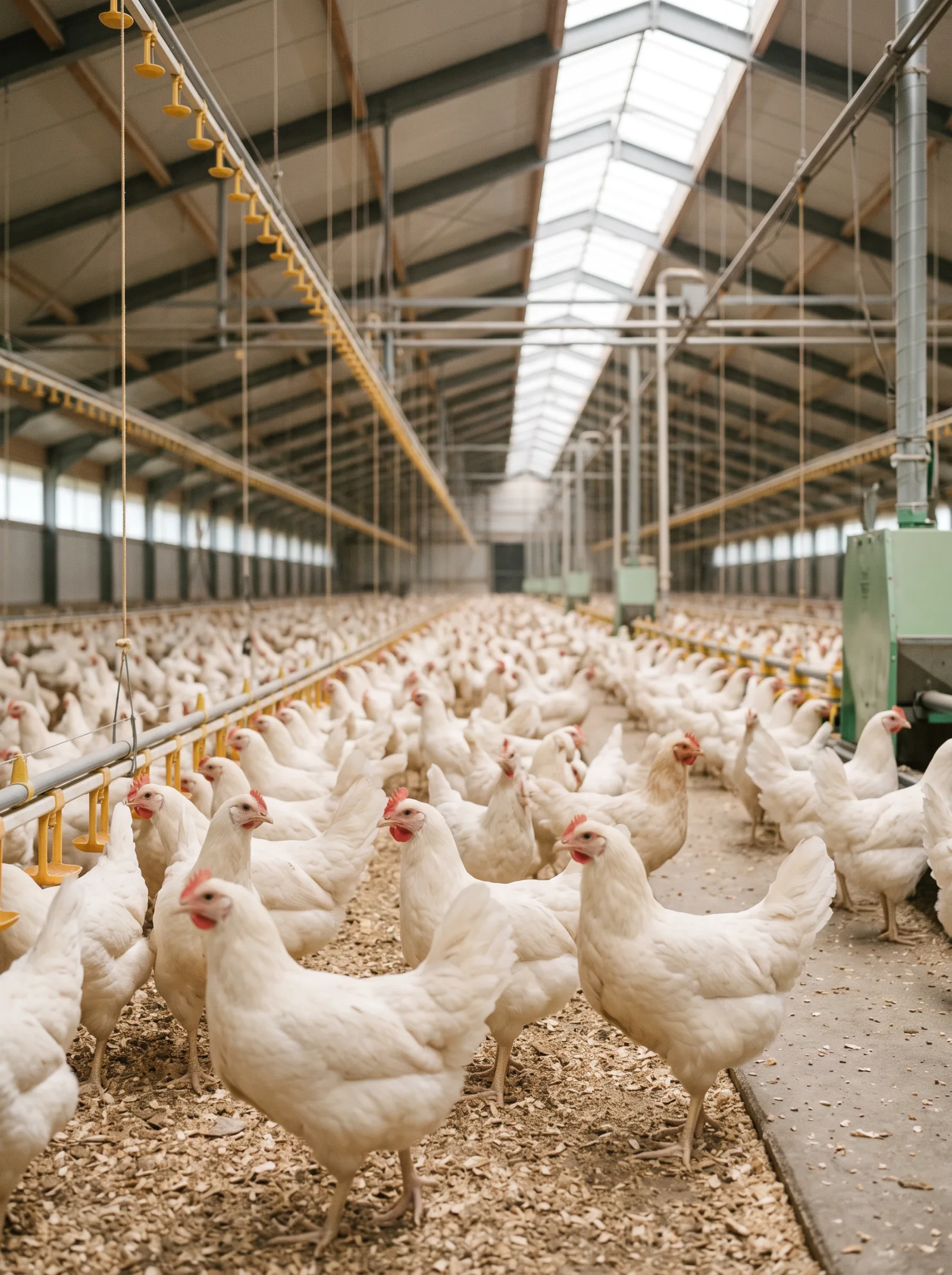 Brown laying hens on clean straw in a bright Dutch barn