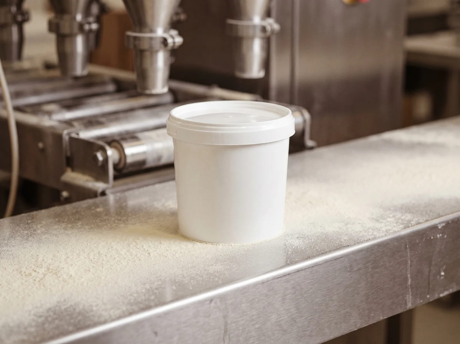 A blank white tub on the stainless steel filling line in Uffelte
