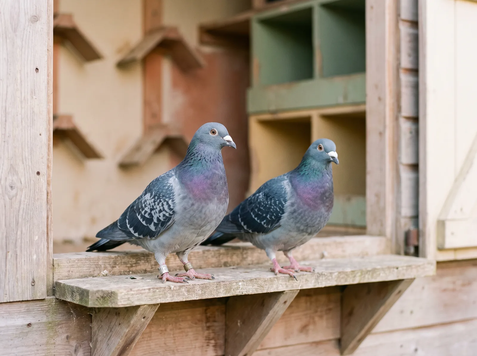 Two racing pigeons on the landing board of a loft