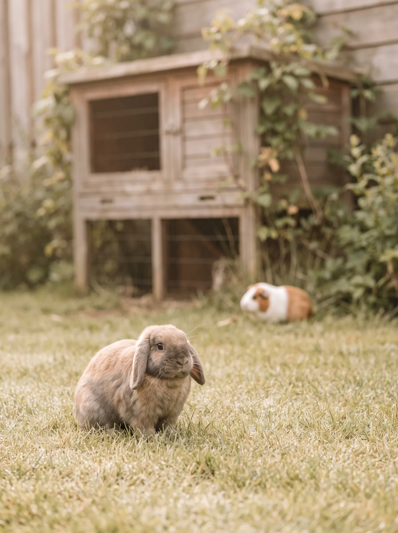 A lop eared rabbit sitting on straw beside a wooden hutch