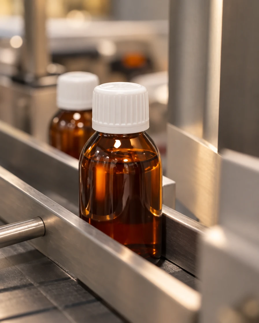 Amber bottle on the inspection line