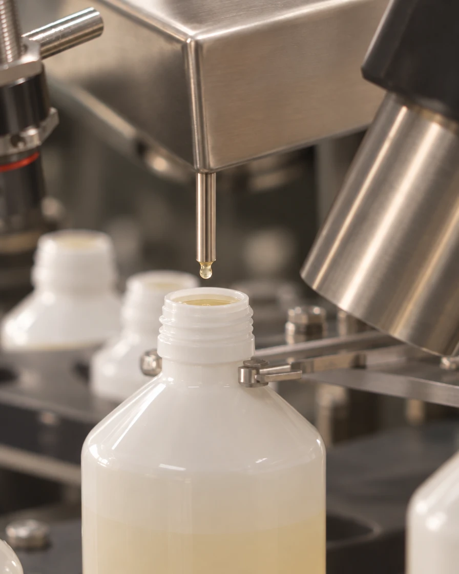 White bottle under the nozzle of the rotary filler