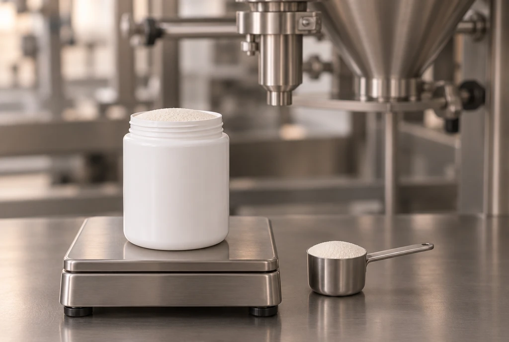 Blank white tub of performance powder under the powder filler
